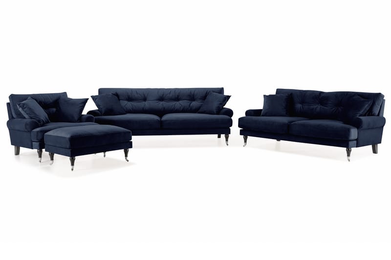 Andrew Soffgrupp 3-sits + 2-sits Soffa + Fåtölj + Fotpall i Sammet - Blå - Möbler - Soffa - Soffgrupp - Howard soffgrupp