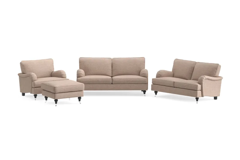 Howard Classic Soffgrupp 2-sits + Liten 2-sits Soffa + Fåtölj + Fotpall i Tyg, Mörkbeige