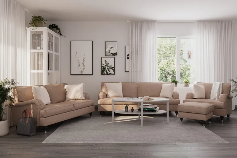Howard Classic Soffgrupp 3-sits + 2-sits Soffa + Fåt ölj + Fotpall i Tyg - Mörkbeige - Möbler - Soffa - Soffgrupp - Howard soffgrupp