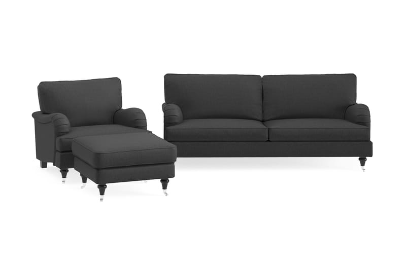 Howard Classic Soffgrupp 3-sits Soffa + Fåtölj + Fotpall i Tyg, Mörkgrå