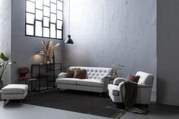 Howard Riviera Soffgrupp 2-sits + 3-sits Soffa + Fåtölj + Fotpall i Tyg - Grå - Möbler - Soffa - Soffgrupp - Howard soffgrupp