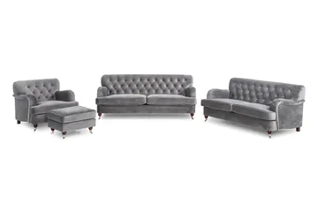 Howard Riviera Soffgrupp 3-sits + 2-sits Soffa + Fåtölj + Fotpall i Sammet - Ljusgrå - Möbler - Soffa - Soffgrupp - Howard soffgrupp