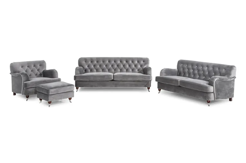 Howard Riviera Soffgrupp 3-sits + 2-sits Soffa + Fåtölj + Fotpall i Sammet - Ljusgrå - Möbler - Soffa - Soffgrupp - Howard soffgrupp