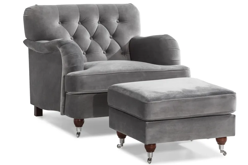 Howard Riviera Soffgrupp 3-sits + 2-sits Soffa + Fåtölj + Fotpall i Sammet - Ljusgrå - Möbler - Soffa - Soffgrupp - Howard soffgrupp