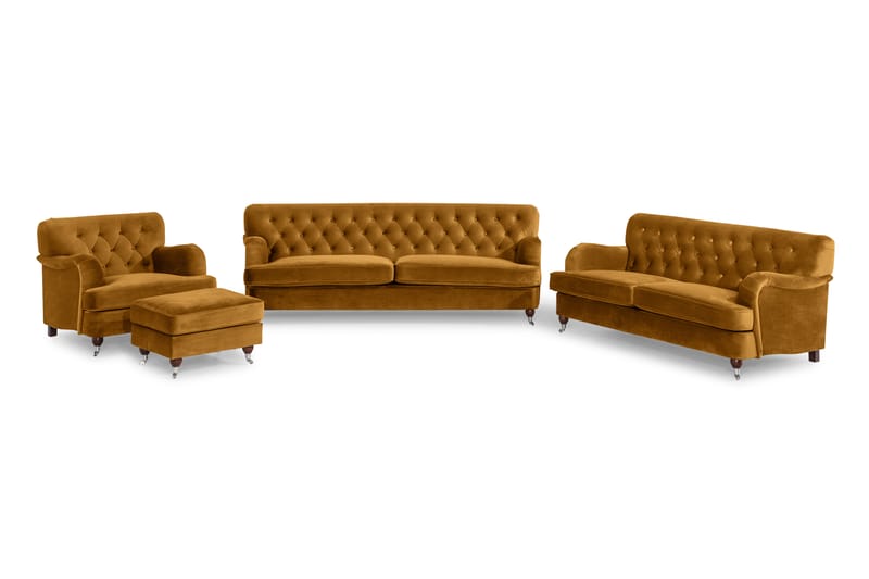 Howard Riviera Soffgrupp Svängd 3-sits + 2-sits Soffa + Fåtölj + Fotpall i Sammet - Mörkgul - Möbler - Soffa - Soffgrupp - Howard soffgrupp
