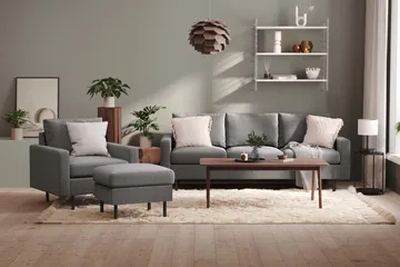 Peppe Soffgrupp 3-sits Soffa + Fåtölj + Fotpall i Tyg - Ljusgrå - Möbler - Soffa - Soffgrupp