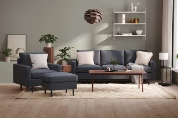 Peppe Soffgrupp 3-sits Soffa + Fåtölj + Fotpall i Tyg - Mörkgrå - Möbler - Soffa - Soffgrupp