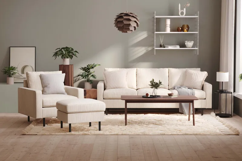 Peppe Soffgrupp 3-sits Soffa + Fåtölj + Fotpall i Manchester - Beige - Möbler - Soffa - Soffgrupp