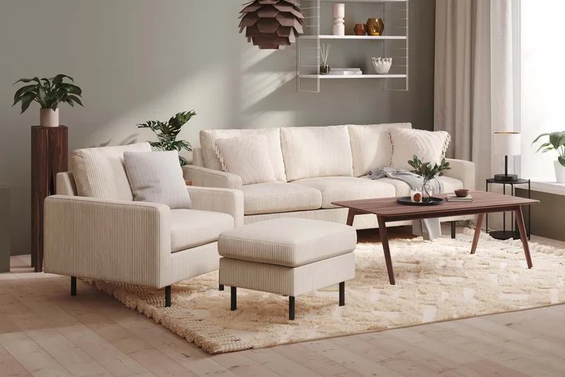 Peppe Soffgrupp 3-sits Soffa + Fåtölj + Fotpall i Manchester - Beige - Möbler - Soffa - Soffgrupp