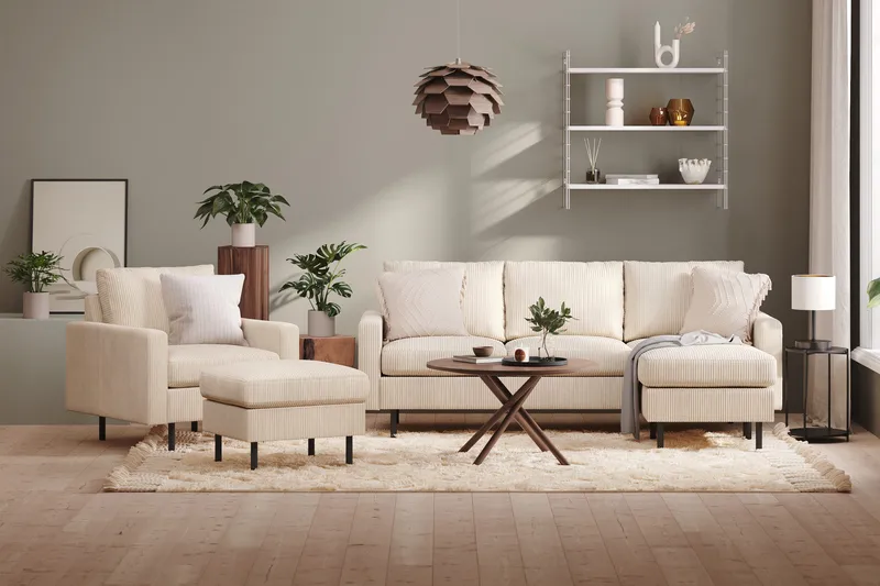 Peppe Soffgrupp 3-sits Vändbar L-formad Divansoffa + Fåtölj + Fotpall i Manchester - Beige - Möbler - Soffa - Soffgrupp