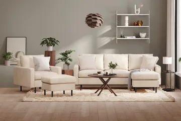 Peppe Soffgrupp 3-sits Vändbar L-formad Divansoffa + Fåtölj + Fotpall i Manchester - Beige - Möbler - Soffa - Soffgrupp