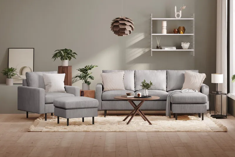 Peppe Soffgrupp 3-sits Vändbar L-formad Divansoffa + Fåtölj + Fotpall i Manchester - Mörkgrå - Möbler - Soffa - Soffgrupp