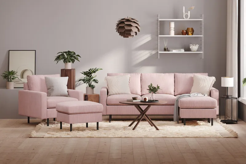 Peppe Soffgrupp 3-sits Vändbar L-formad Divansoffa + Fåtölj + Fotpall i Manchester - Rosa - Möbler - Soffa - Soffgrupp