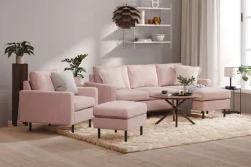 Peppe Soffgrupp 3-sits Vändbar L-formad Divansoffa + Fåtölj + Fotpall i Manchester - Rosa - Möbler - Soffa - Soffgrupp