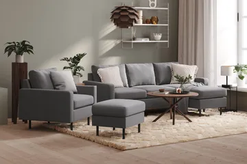 Peppe Soffgrupp 3-sits Vändbar L-formad Divansoffa + Fåtölj + Fotpall i Tyg - Ljusgrå - Möbler - Soffa - Soffgrupp