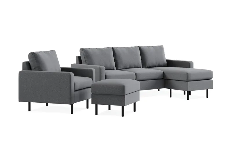 Peppe Soffgrupp 3-sits Vändbar L-formad Divansoffa + Fåtölj + Fotpall i Tyg - Ljusgrå - Möbler - Soffa - Soffgrupp