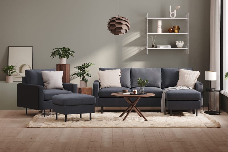 Peppe Soffgrupp 3-sits Vändbar L-formad Divansoffa + Fåtölj + Fotpall i Tyg - Mörkgrå - Möbler - Soffa - Soffgrupp