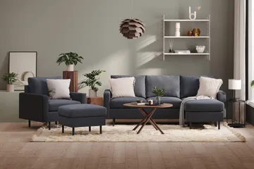 Peppe Soffgrupp 3-sits Vändbar L-formad Divansoffa + Fåtölj + Fotpall i Tyg - Mörkgrå - Möbler - Soffa - Soffgrupp