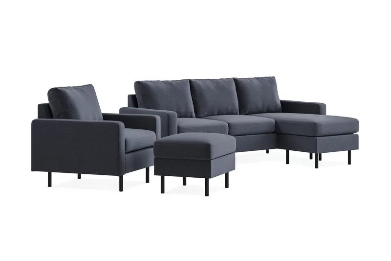 Peppe Soffgrupp 3-sits Vändbar L-formad Divansoffa + Fåtölj + Fotpall i Tyg - Mörkgrå - Möbler - Soffa - Soffgrupp