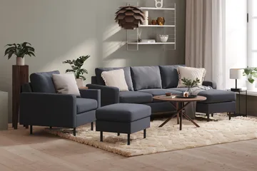 Peppe Soffgrupp 3-sits Vändbar L-formad Divansoffa + Fåtölj + Fotpall i Tyg - Mörkgrå - Möbler - Soffa - Soffgrupp