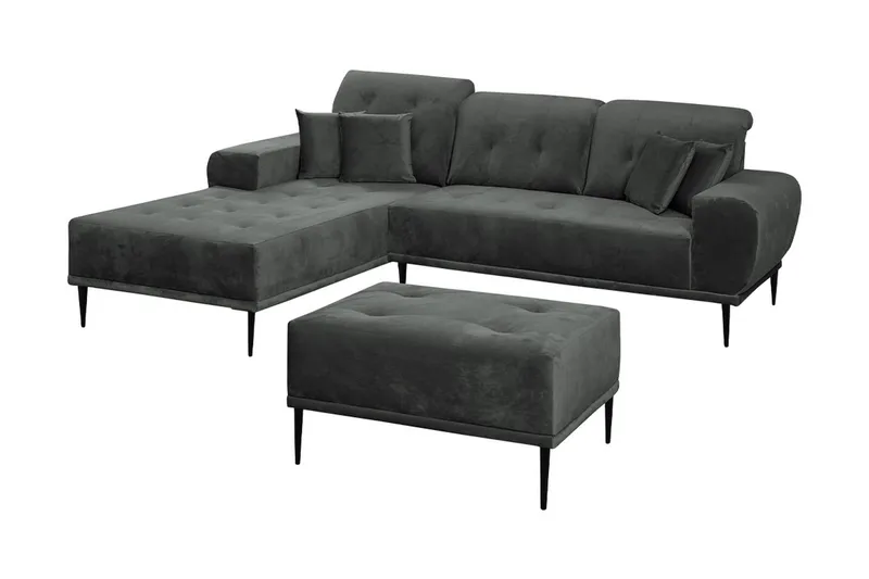 Rapale Soffgrupp Vänster med Fotpall, Sammet/Ljusgrå/Svart