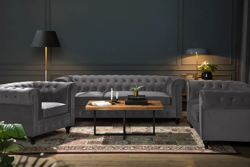 Chesterfield Lyx Soffgrupp 3+2+1 i Sammet - Grå - Möbler - Soffa - Soffgrupp - Soffgrupp 3 2 1