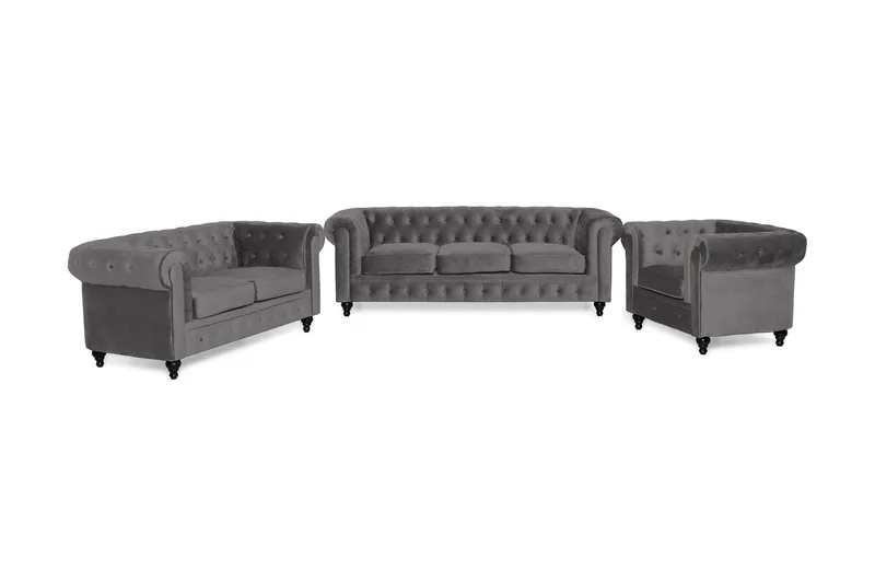 Chesterfield Lyx Soffgrupp 3+2+1 i Sammet, Grå