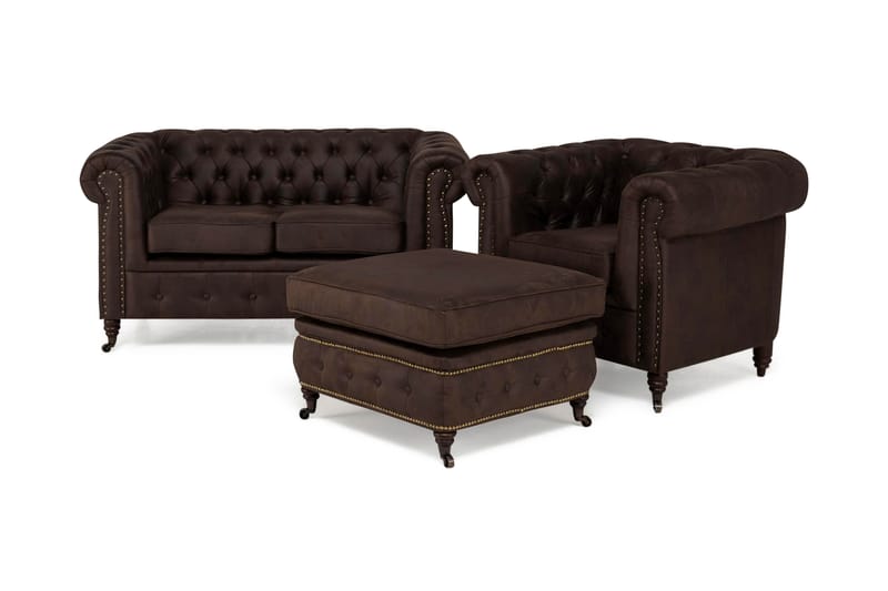 Soffgrupp Chester Deluxe 2-sits+Fåtölj+Fotpall - Mörkbrun - Möbler - Soffa - Soffgrupp - Howard soffgrupp
