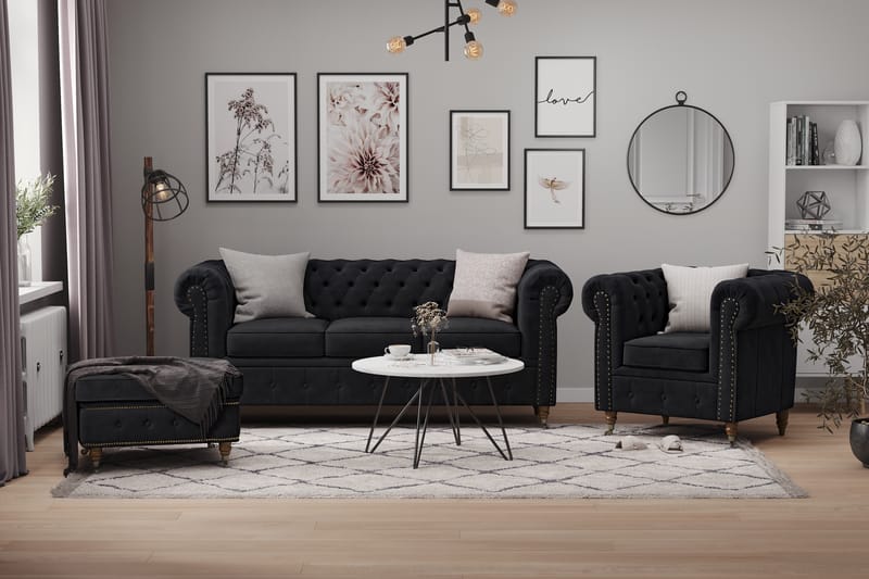 Soffgrupp Chester Deluxe 3+2+Fåtölj+Fotpall Sammet - Svart - Möbler - Soffa - Soffgrupp - Howard soffgrupp