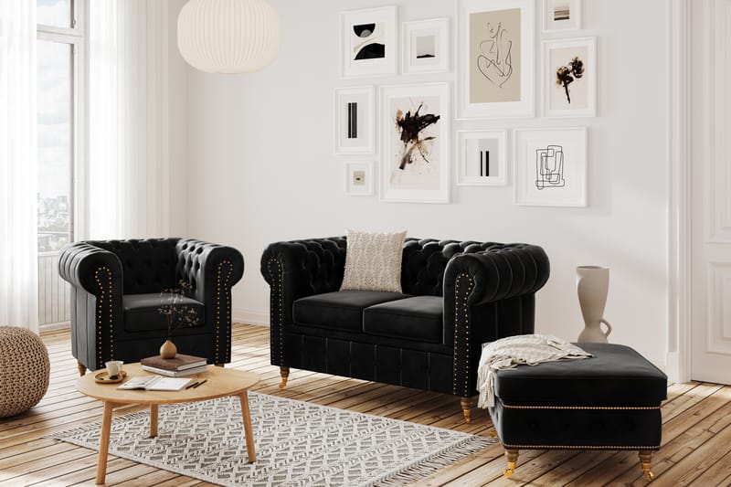 Soffgrupp Chester Deluxe 3+2+Fåtölj+Fotpall Sammet - Svart - Möbler - Soffa - Soffgrupp - Howard soffgrupp