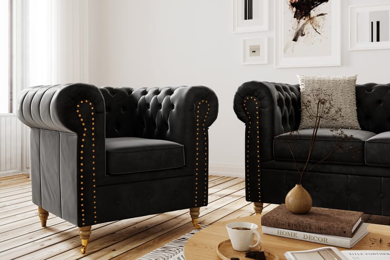 Soffgrupp Chester Deluxe 3+2+Fåtölj+Fotpall Sammet - Svart - Möbler - Soffa - Soffgrupp - Howard soffgrupp