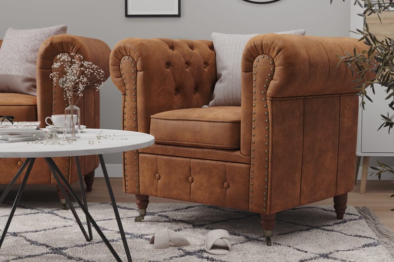 Soffgrupp Chester Deluxe 3-sits+2-sits+Fåtölj+Fotpall - Cognac - Möbler - Soffa - Soffgrupp