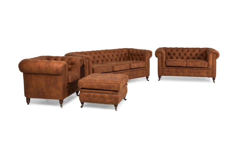 Soffgrupp Chester Deluxe 3-sits+2-sits+Fåtölj+Fotpall - Cognac - Möbler - Soffa - Soffgrupp