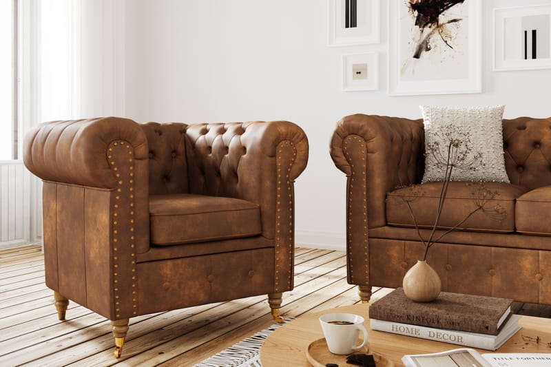 Soffgrupp Chester Deluxe 3-sits+2-sits+Fåtölj+Fotpall - Cognac - Möbler - Soffa - Soffgrupp