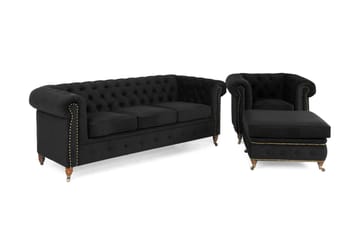 Soffgrupp Chester Deluxe 3-sits+Fåtölj+Fotpall Sammet - Svart - Möbler - Soffa - Soffgrupp - Chesterfield soffgrupp