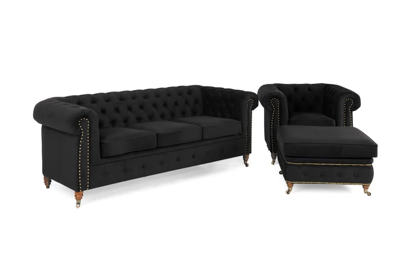 Soffgrupp Chester Deluxe 3-sits+Fåtölj+Fotpall Sammet - Svart - Möbler - Soffa - Soffgrupp - Chesterfield soffgrupp