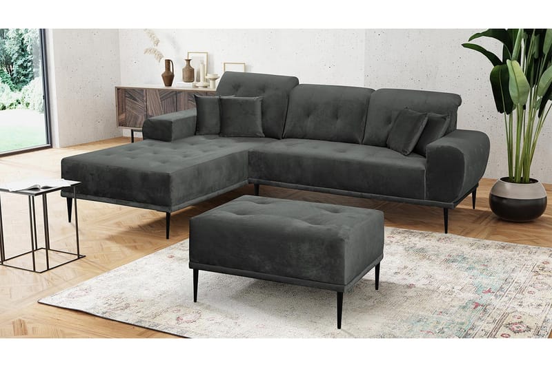 Soffgrupp Rapana Vänster med Fotpall - Sammet/Ljusgrå/Svart - Möbler - Soffa - Soffgrupp