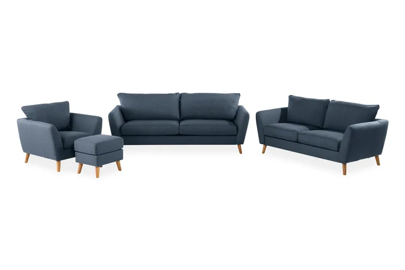 Trend Soffgrupp 3-sits + 2-sits Soffa + Fåtölj + Fotpall i Tyg, Blå