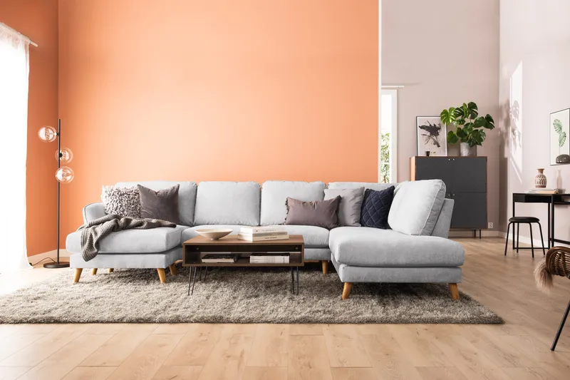 Trend Lyx 4-sits Högervänd U-formad Soffa med Divan och Schäslong i Tyg - Ljusgrå - Möbler - Soffa - U-soffa