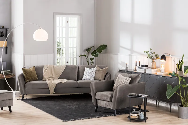 Trend Soffgrupp 3-sits + 2-sits Soffa + Fåtölj + Fotpall i Sammet - Brun - Möbler - Soffa - Soffgrupp