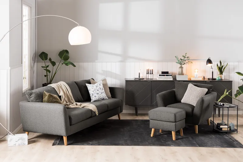 Trend Soffgrupp 3-sits + 2-sits Soffa + Fåtölj + Fotpall i Tyg - Svart - Möbler - Soffa - Soffgrupp