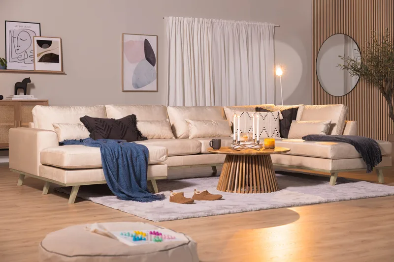 Copenhagen 5-sits Högervänd U-formad Soffa med Divan och Schäslong i Sammet - Beige - Möbler - Soffa - U-soffa
