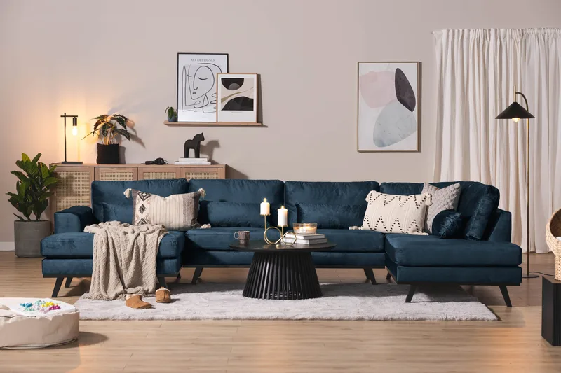 Copenhagen 5-sits Högervänd U-formad Soffa med Divan och Schäslong i Sammet - Blå - Möbler - Soffa - U-soffa