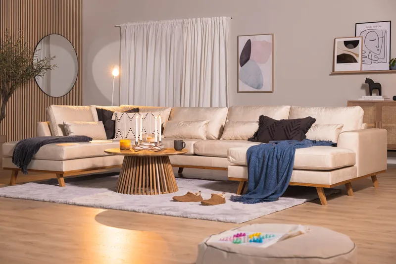 Copenhagen 5-sits Vänstervänd U-formad Soffa med Divan och Schäslong i Sammet - Beige - Möbler - Soffa - U-soffa