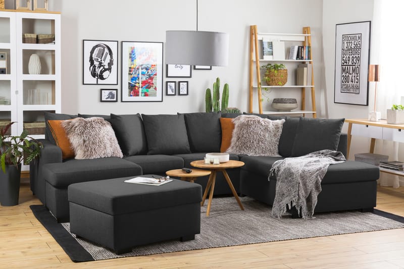 Crazy 4-sits Högervänd U-formad Large Soffa med Divan och Schäslong i Tyg inkl Kuvertkuddar - Antracit - Möbler - Soffa - U-soffa