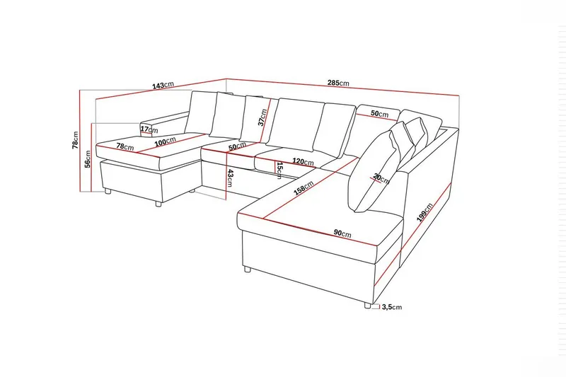 Crazy 4-sits Högervänd U-formad Large Soffa med Divan och Schäslong i Tyg inkl Kuvertkuddar - Antracit - Möbler - Soffa - U-soffa