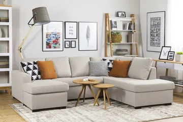 Crazy 4-sits Högervänd U-formad Small Soffa med Divan och Schäslong i Tyg - Beige - Möbler - Soffa - Divansoffa & schäslongsoffa - 4 sits soffa med divan