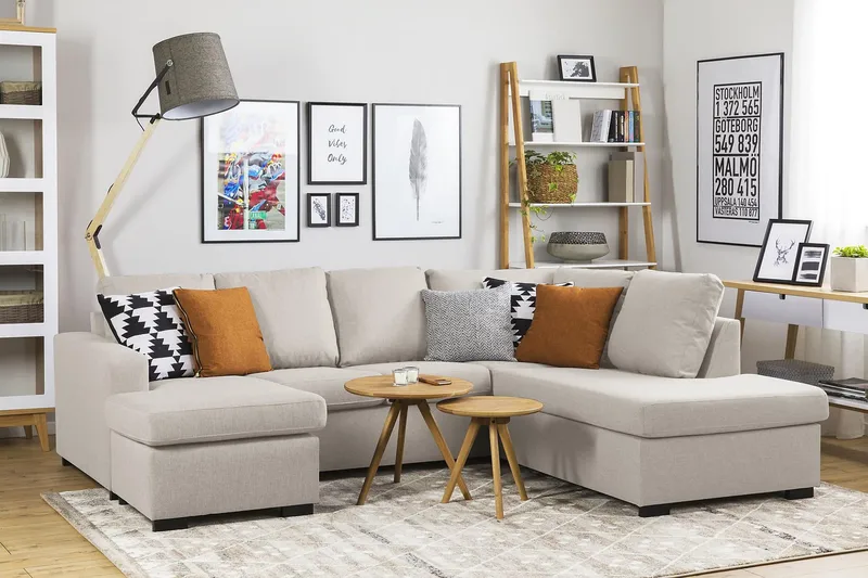 Crazy 4-sits Högervänd U-formad Small Soffa med Divan och Schäslong i Tyg - Beige - Möbler - Soffa - Divansoffa & schäslongsoffa - 4 sits soffa med divan