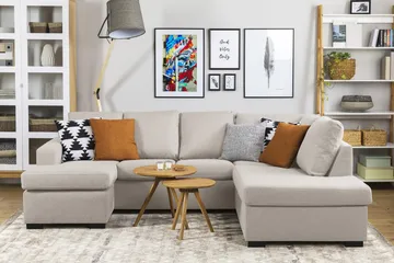 Crazy 4-sits Högervänd U-formad Small Soffa med Divan och Schäslong i Tyg - Beige - Möbler - Soffa - Divansoffa & schäslongsoffa - 4 sits soffa med divan