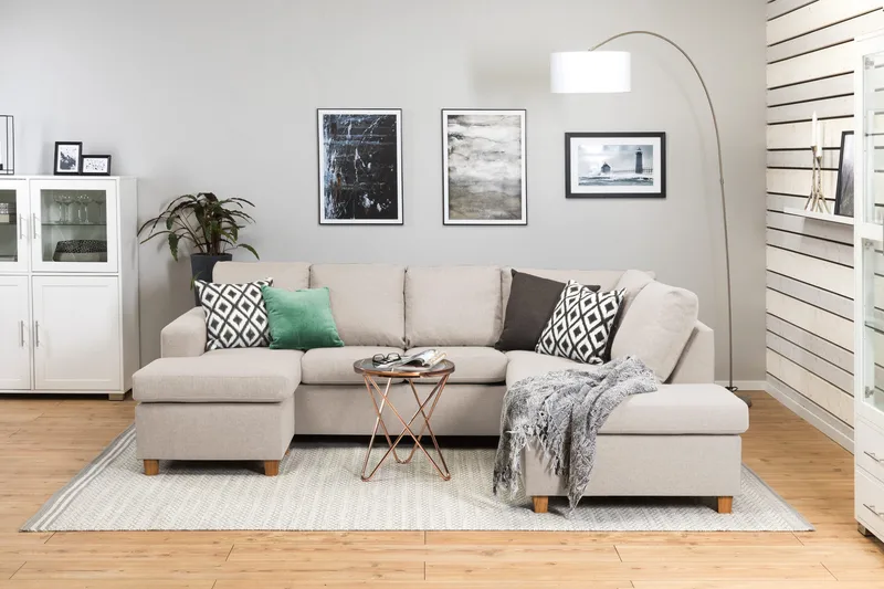 Crazy 4-sits Högervänd U-formad Small Soffa med Divan och Schäslong i Tyg - Beige - Möbler - Soffa - Divansoffa & schäslongsoffa - 4 sits soffa med divan